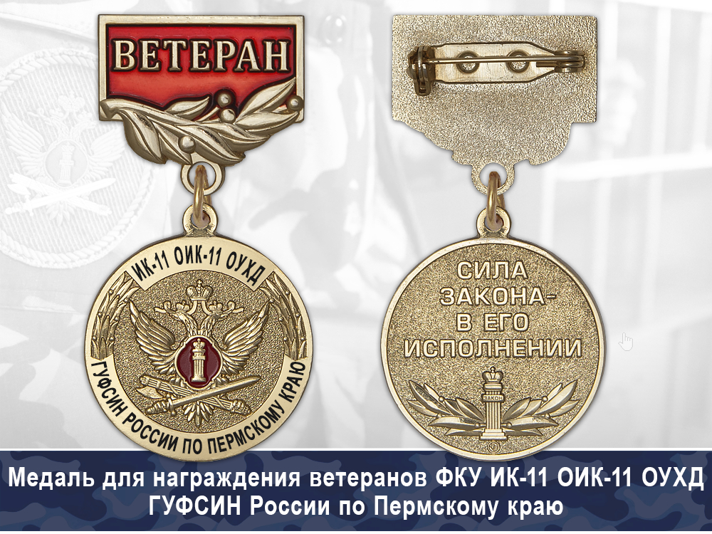 Обратная сторона награды Медаль ФКУ ИК-11 ОИК-11 ОУХД ГУФСИН России по Пермскому краю с бланком удостоверения
