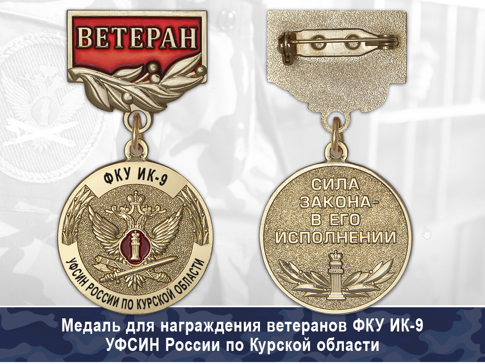 Обратная сторона награды Медаль ФКУ ИК-9 УФСИН России по Курской области с бланком удостоверения