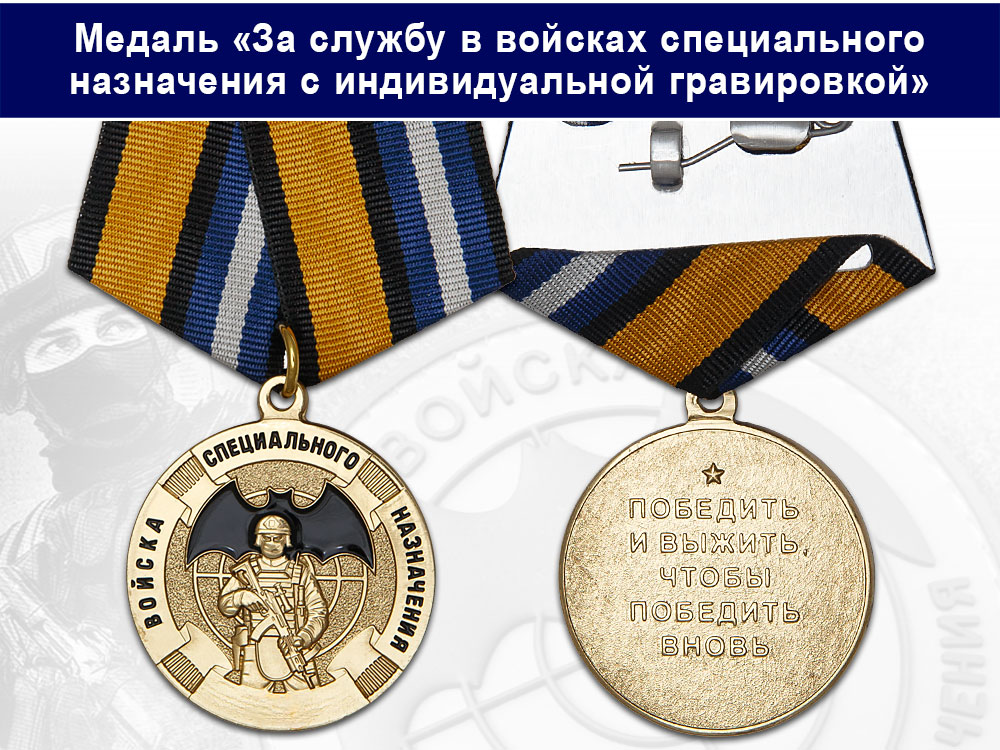 Лицевая сторона награды Медаль «За службу в войсках спецназа» с бланком удостоверения