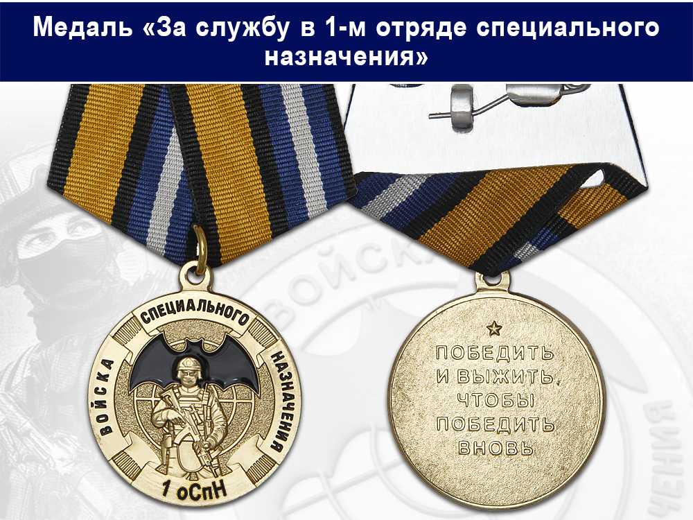 Лицевая сторона награды Медаль «За службу в 1-м отряде специального назначения (1 оСпН)» с бланком удостоверения