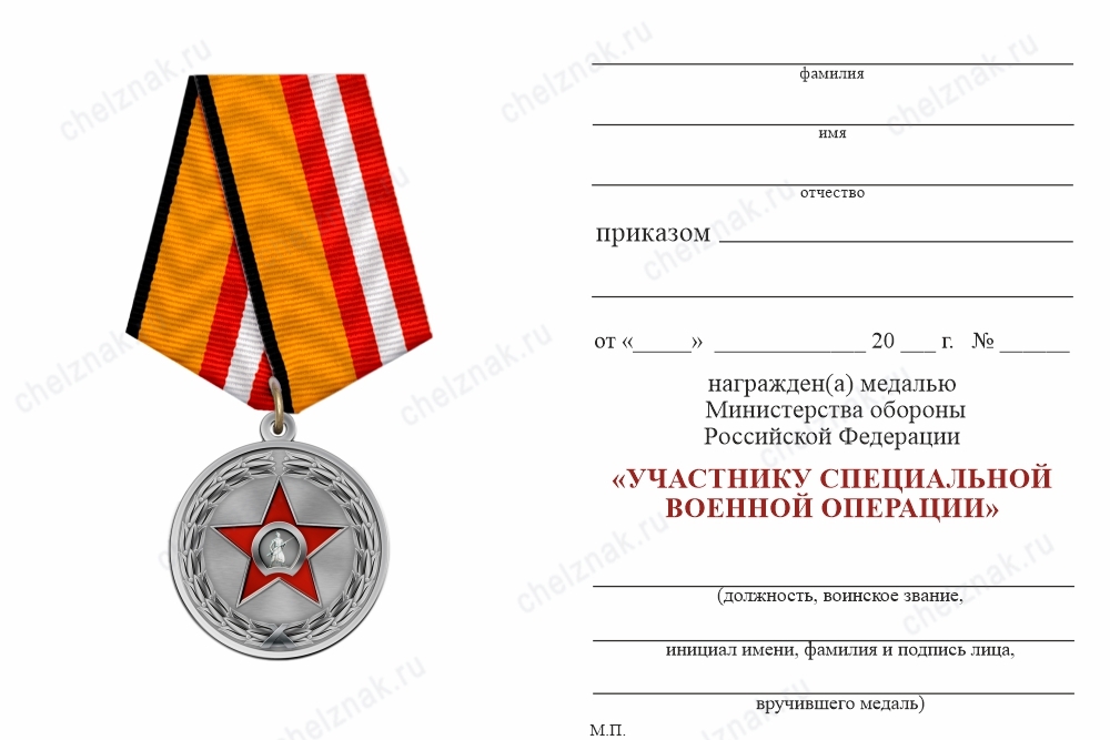 Обратная сторона награды Медаль МО «Участнику специальной военной операции» с бланком удостоверения