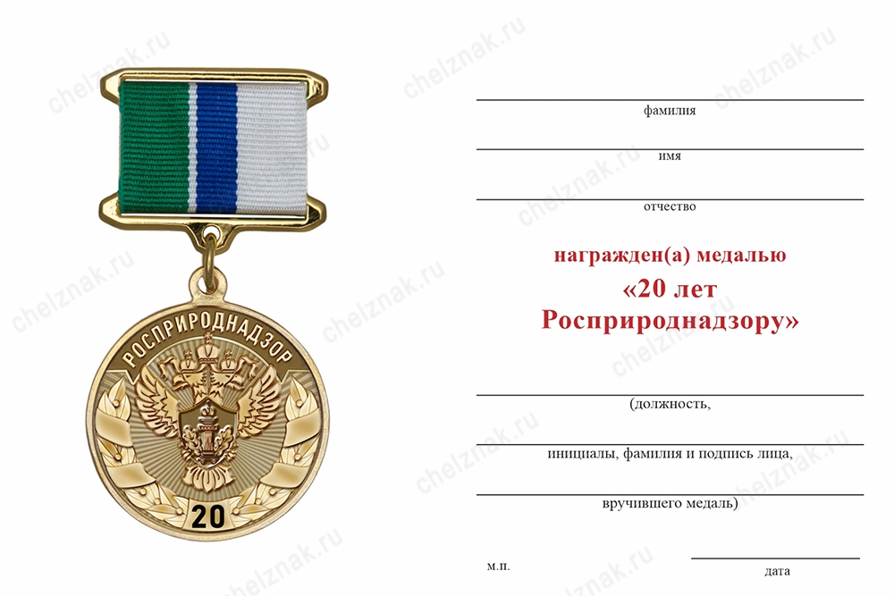 Обратная сторона награды Медаль «20 лет Росприроднадзору» с бланком удостоверения
