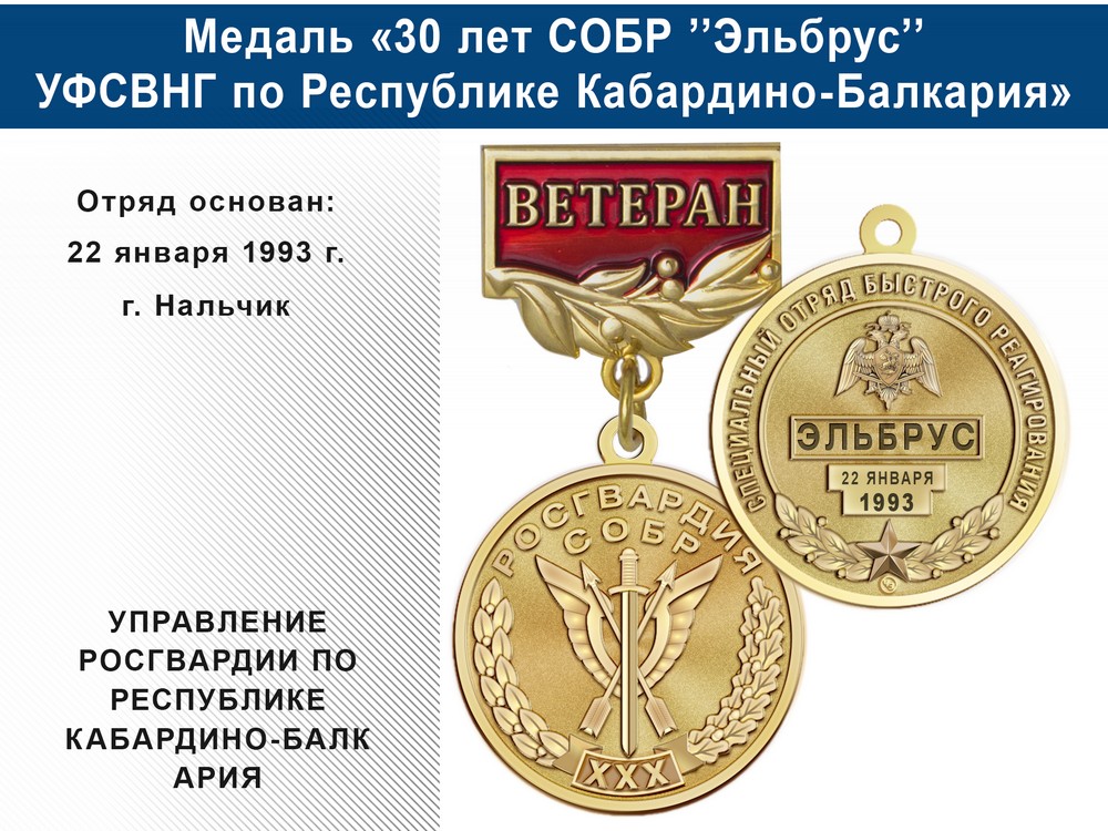 Медаль «30 лет СОБР "Эльбрус" СОБР УФСВНГ по Республике Кабардино-Балкария» с бланком удостоверения, дополнительное фото 0