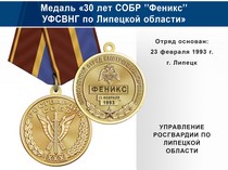 Медаль «30 лет СОБР "Феникс" СОБР УФСВНГ по Липецкой области» с бланком удостоверения