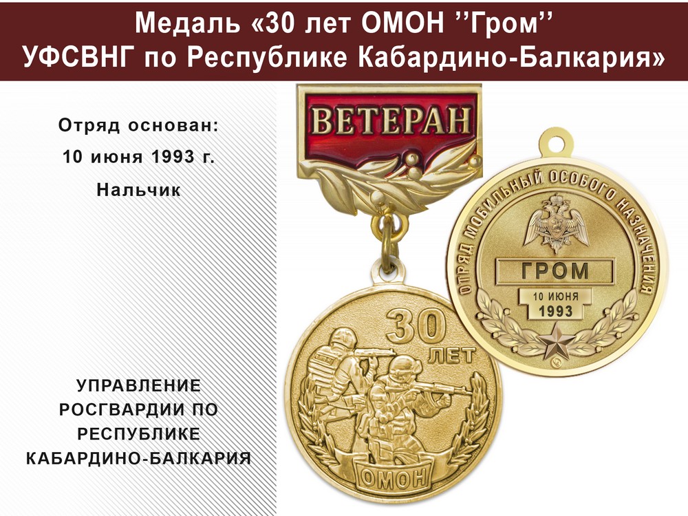 Медаль «30 лет ОМОН "Гром" УФСВНГ по Республике Кабардино-Балкария» с бланком удостоверения, дополнительное фото 0