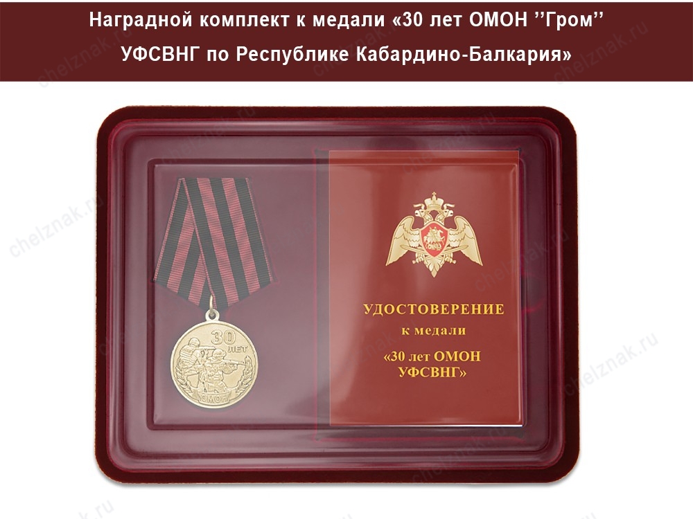 Медаль «30 лет ОМОН "Гром" УФСВНГ по Республике Кабардино-Балкария» с бланком удостоверения, дополнительное фото 1