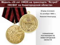 Медаль «30 лет ОМОН на транспорте "Ястреб" УФСВНГ по Нижегородской области» с бланком удостоверения