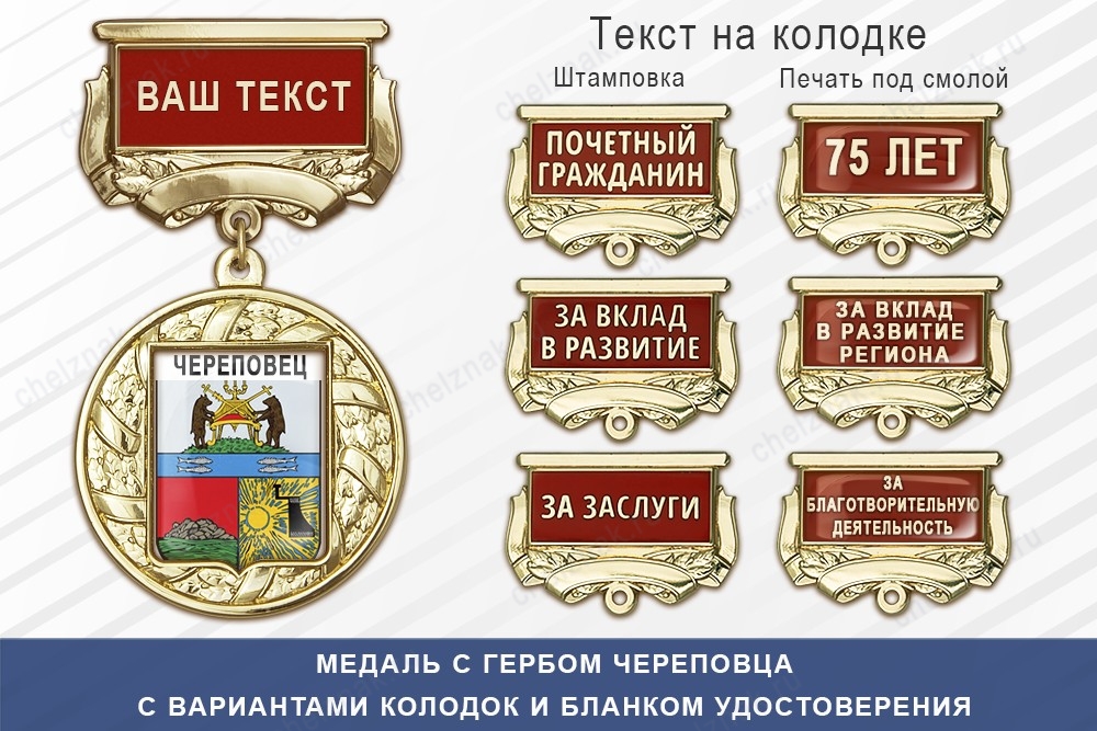 Медаль с гербом города Череповца Вологодской области с бланком удостоверения, дополнительное фото 1