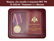 Медаль «За службу в Спецназе. 33 ООСпН "Пересвет"» с бланком удостоверения