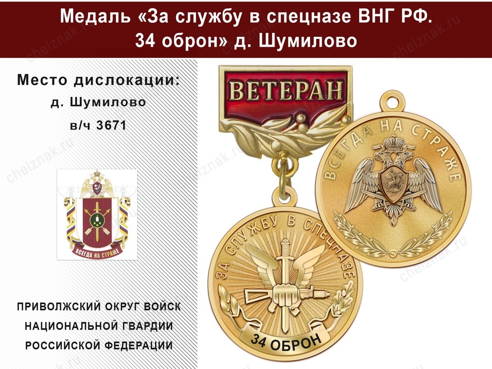Медаль «За службу в Спецназе. 34 ОБрОН» с бланком удостоверения, дополнительное фото 2