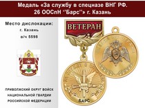 Медаль «За службу в 26 ООСпН "Барс"» с бланком удостоверения