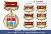Медаль с гербом города Мытищей Московской области с бланком удостоверения