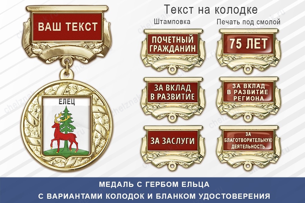 Медаль с гербом города Ельца Липецкой области с бланком удостоверения, дополнительное фото 1