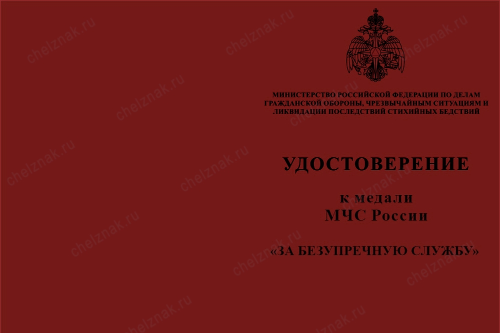 Лицевая сторона награды Медаль МЧС России «За безупречную службу» с бланком удостоверения
