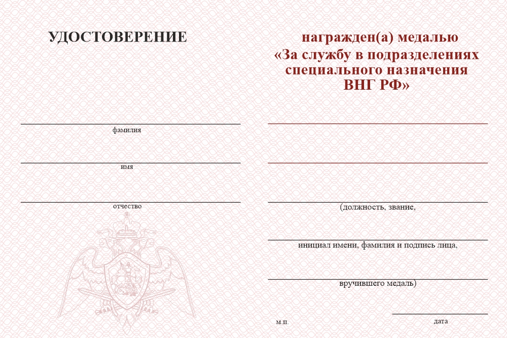 Бланк оборотная сторона Медаль «За службу в подразделениях спецназа Росгвардии» с бланком удостоверения