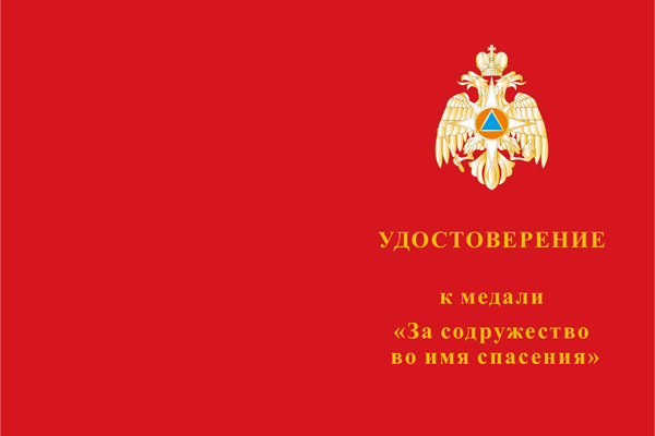 Лицевая сторона награды Медаль «За содружество во имя спасения» с бланком удостоверения