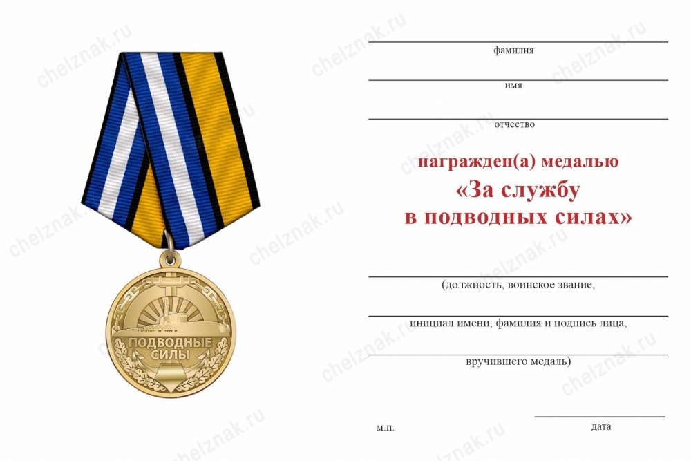 Обратная сторона награды Медаль «Подводные силы» с бланком удостоверения