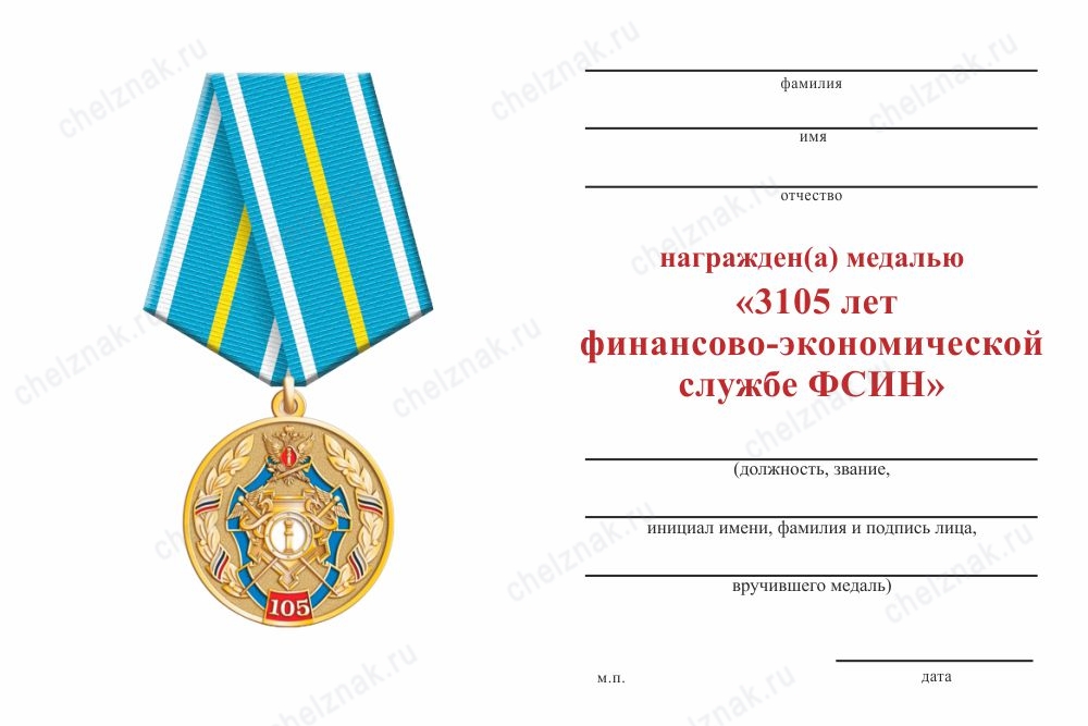 Обратная сторона награды Медаль «105 лет финансово-экономической службе ФСИН» с бланком удостоверения