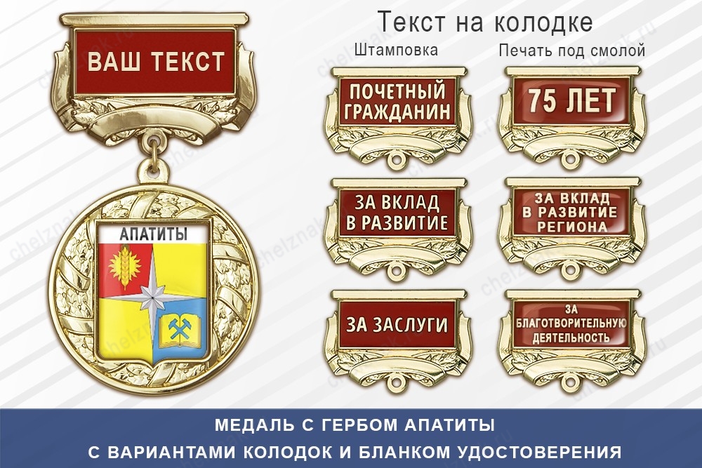 Медаль с гербом города Апатиты Мурманской области с бланком удостоверения, дополнительное фото 1