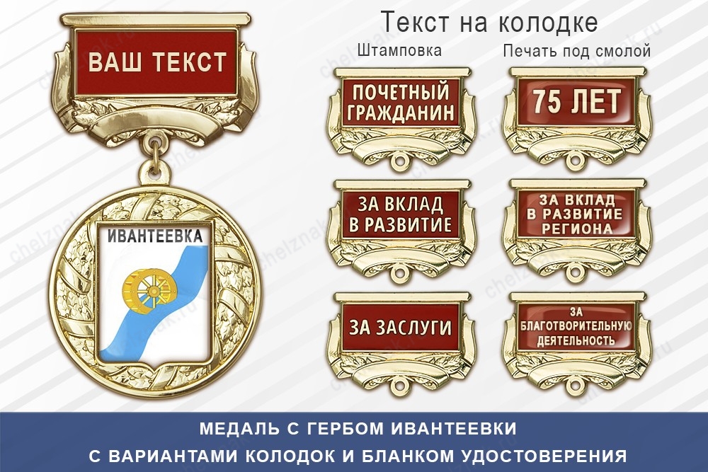 Медаль с гербом города Ивантеевки Московской области с бланком удостоверения, дополнительное фото 1