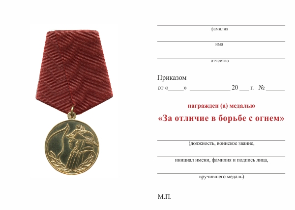 Обратная сторона награды Медаль «За отличие в борьбе с огнем» с бланком удостоверения