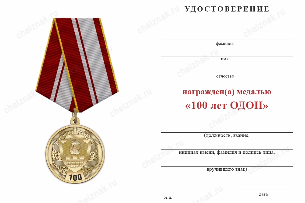 Обратная сторона награды Медаль «100 лет ОДОН» с индивидуальным реверсом с бланком удостоверения