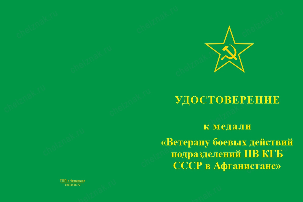 Лицевая сторона награды Медаль «Ветеран боевых действий подразделений ПВ КГБ СССР в Афганистане» с бланком удостоверения