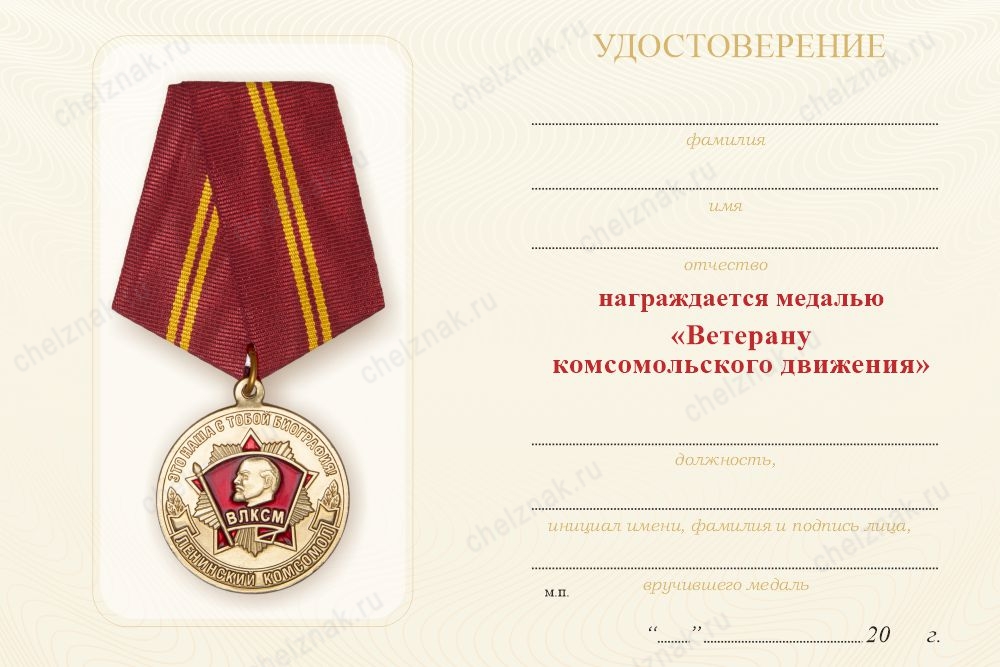 Обратная сторона награды Медаль «Ветерану комсомольского движения» с бланком удостоверения