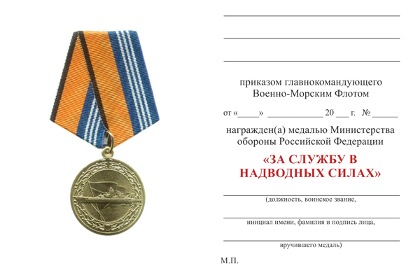 Обратная сторона награды Медаль МО России «За службу в надводных силах» с бланком удостоверения