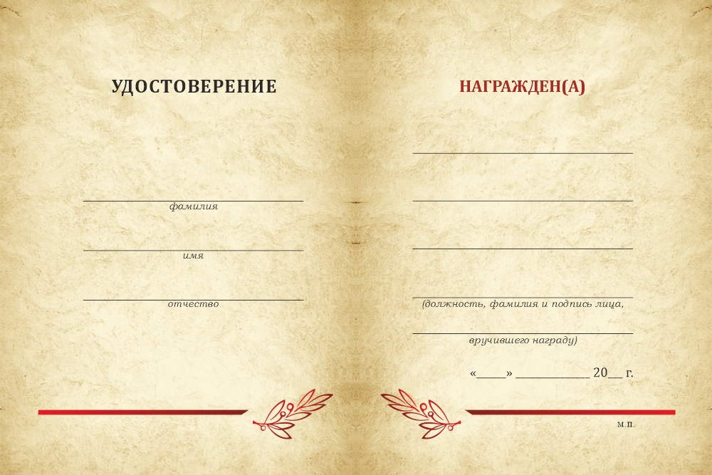 Обратная сторона награды Типовой бланк удостоверения универсальный