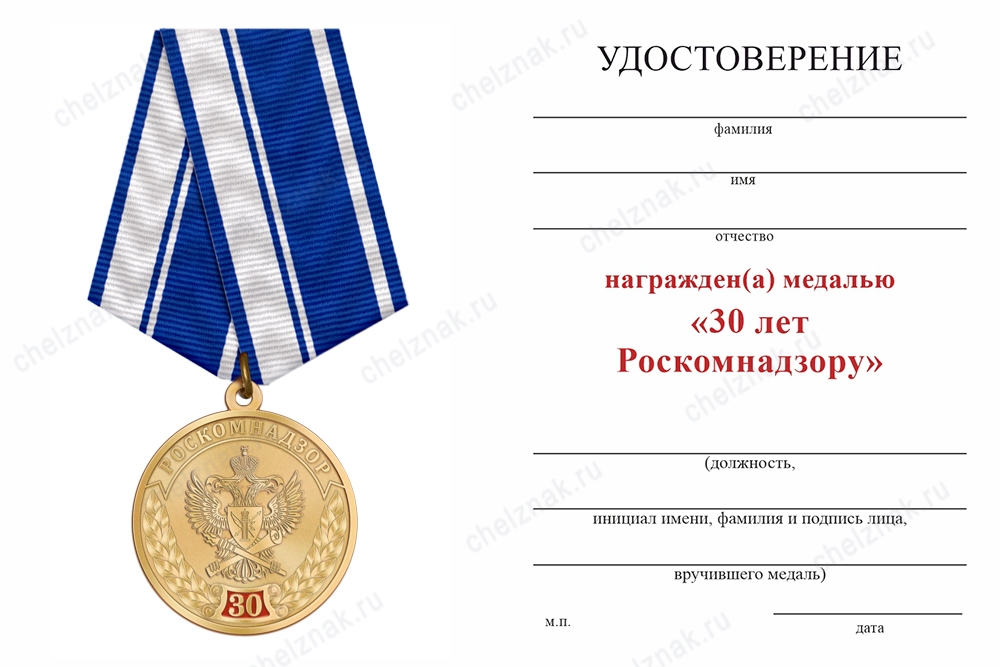 Обратная сторона награды Медаль «30 лет Роскомнадзору» с бланком удостоверения