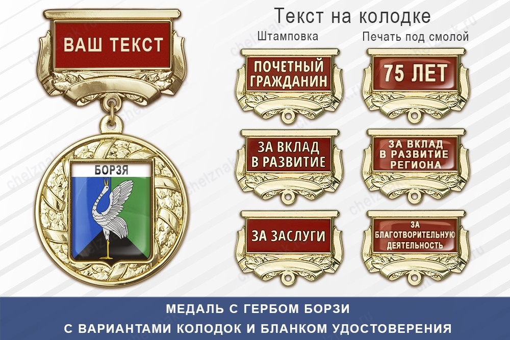 Медаль с гербом города Борзи Забайкальского края с бланком удостоверения, дополнительное фото 1
