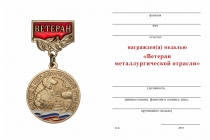 Удостоверение к награде Медаль «Ветеран металлургической отрасли» с бланком удостоверения