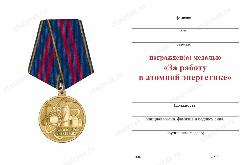 Обратная сторона награды Медаль «За работу в атомной энергетике» с бланком удостоверения