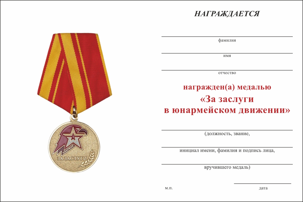 Бланк оборотная сторона Медаль «За заслуги в юнармейском движении» с индивидуальным реверсом