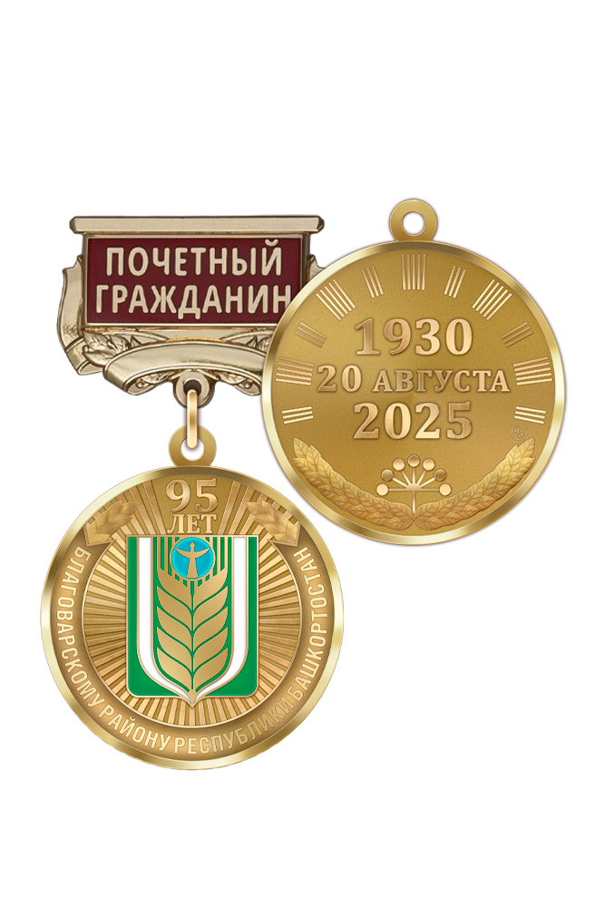 Медаль «95 лет Благоварскому району Республики Башкортостан. Почётный гражданин» с бланком удостоверения