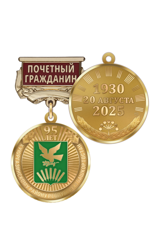 Медаль «95 лет Куюргазинскому району Республики Башкортостан. Почётный гражданин» с бланком удостоверения