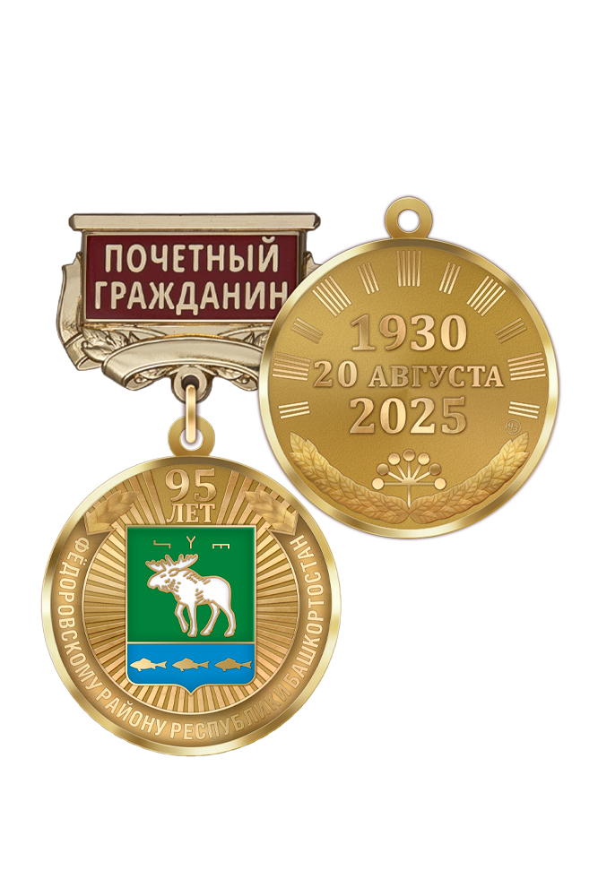 Медаль «95 лет Фёдоровскому району Республики Башкортостан. Почётный гражданин» с бланком удостоверения
