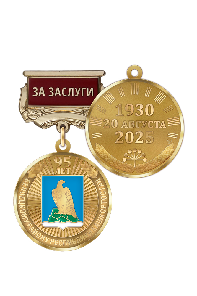 Медаль «95 лет Белорецкому району Республики Башкортостан. За заслуги» с бланком удостоверения