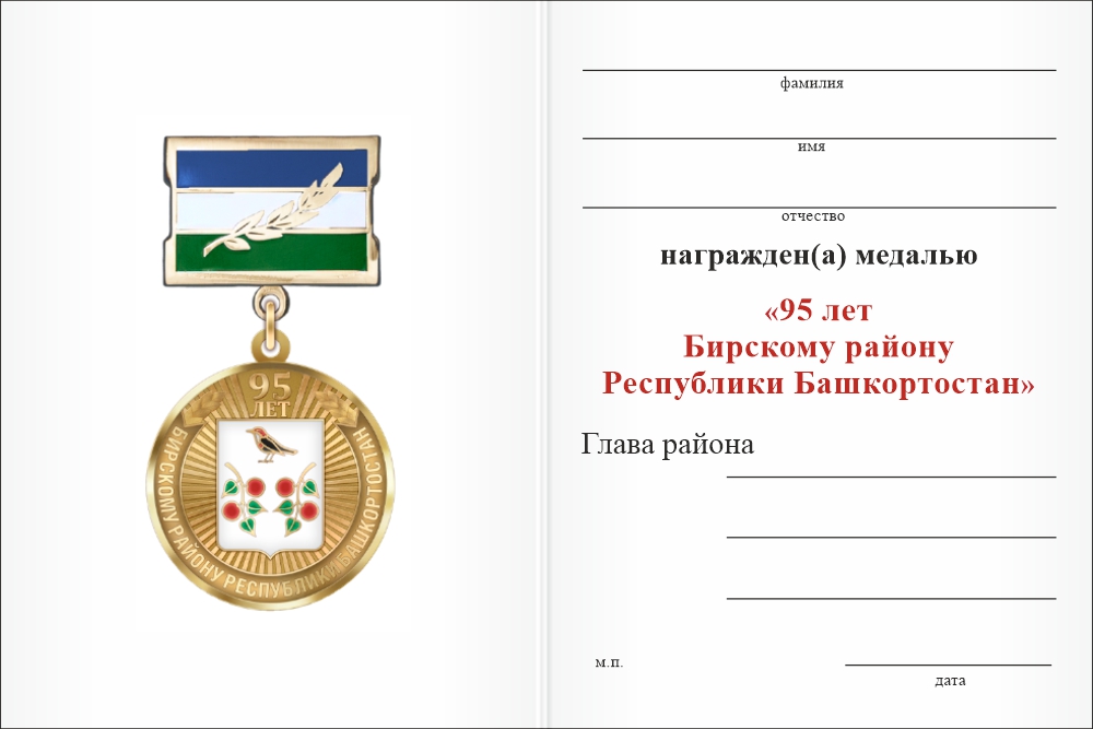 Бланк оборотная сторона Медаль «95 лет Бирскому району Республики Башкортостан. За заслуги» с бланком удостоверения
