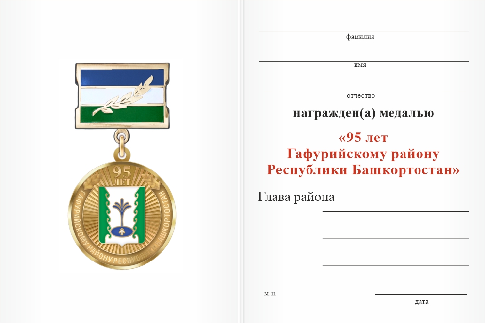 Бланк оборотная сторона Медаль «95 лет Гафурийскому району Республики Башкортостан. За заслуги» с бланком удостоверения