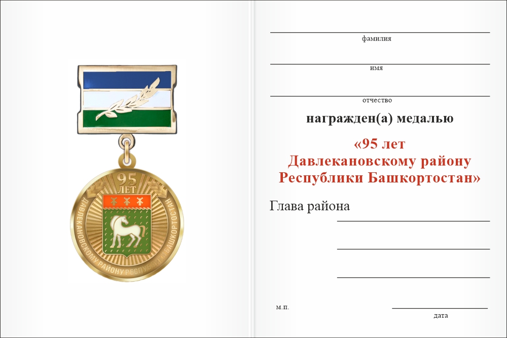 Бланк оборотная сторона Медаль «95 лет Давлекановскому району Республики Башкортостан. За заслуги» с бланком удостоверения