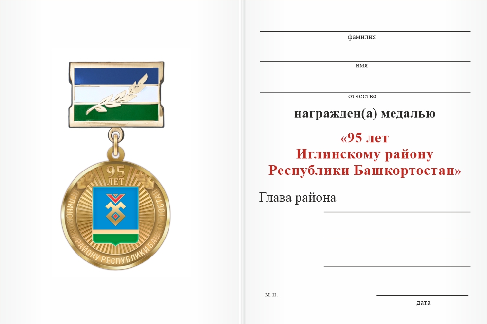 Бланк оборотная сторона Медаль «95 лет Иглинскому району Республики Башкортостан. За заслуги» с бланком удостоверения
