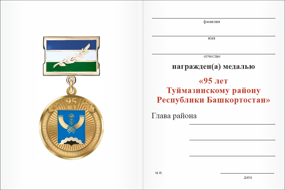 Бланк оборотная сторона Медаль «95 лет Туймазинскому району Республики Башкортостан. За заслуги» с бланком удостоверения