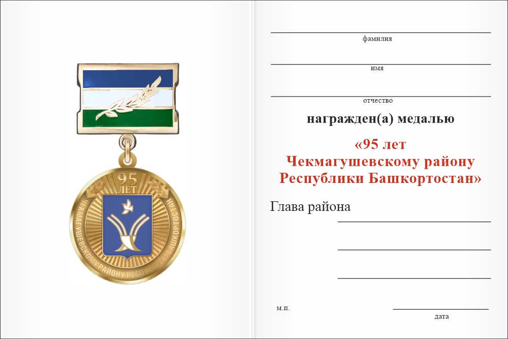 Бланк оборотная сторона Медаль «95 лет Чекмагушевскому району Республики Башкортостан. За заслуги» с бланком удостоверения