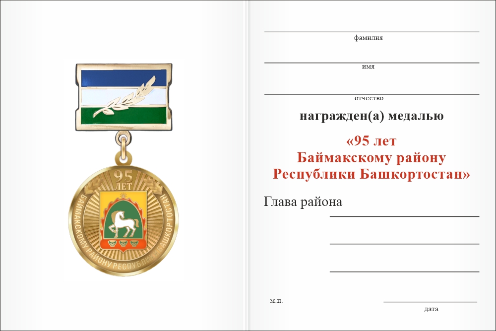 Бланк оборотная сторона Медаль «95 лет Баймакскому району Республики Башкортостан. За вклад в развитие» с бланком удостоверения