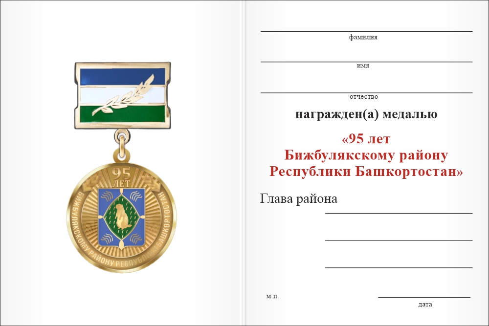 Бланк оборотная сторона Медаль «95 лет Бижбулякскому району Республики Башкортостан. За вклад в развитие» с бланком удостоверения