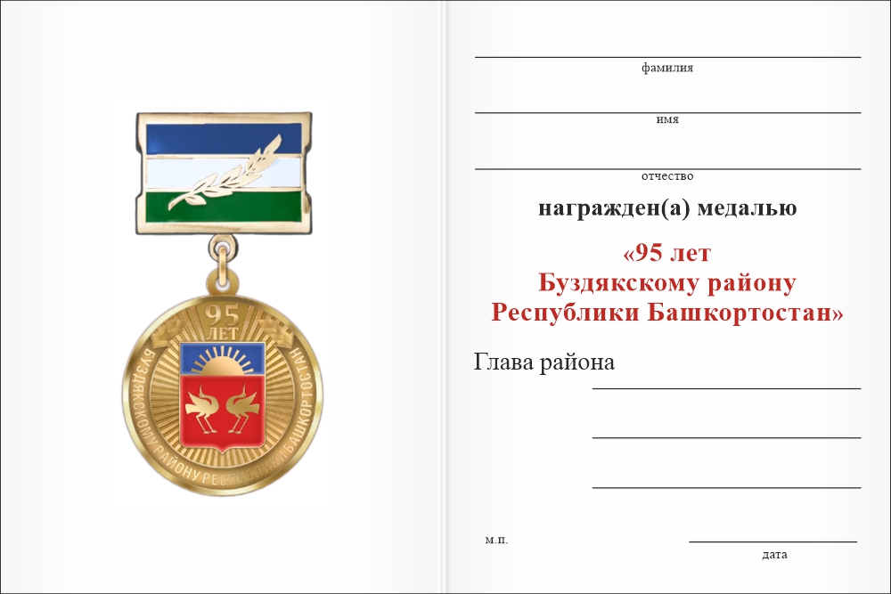 Бланк оборотная сторона Медаль «95 лет Буздякскому району Республики Башкортостан. За вклад в развитие» с бланком удостоверения
