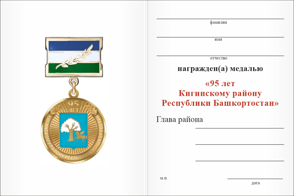 Бланк оборотная сторона Медаль «95 лет Кигинскому району Республики Башкортостан. За вклад в развитие» с бланком удостоверения