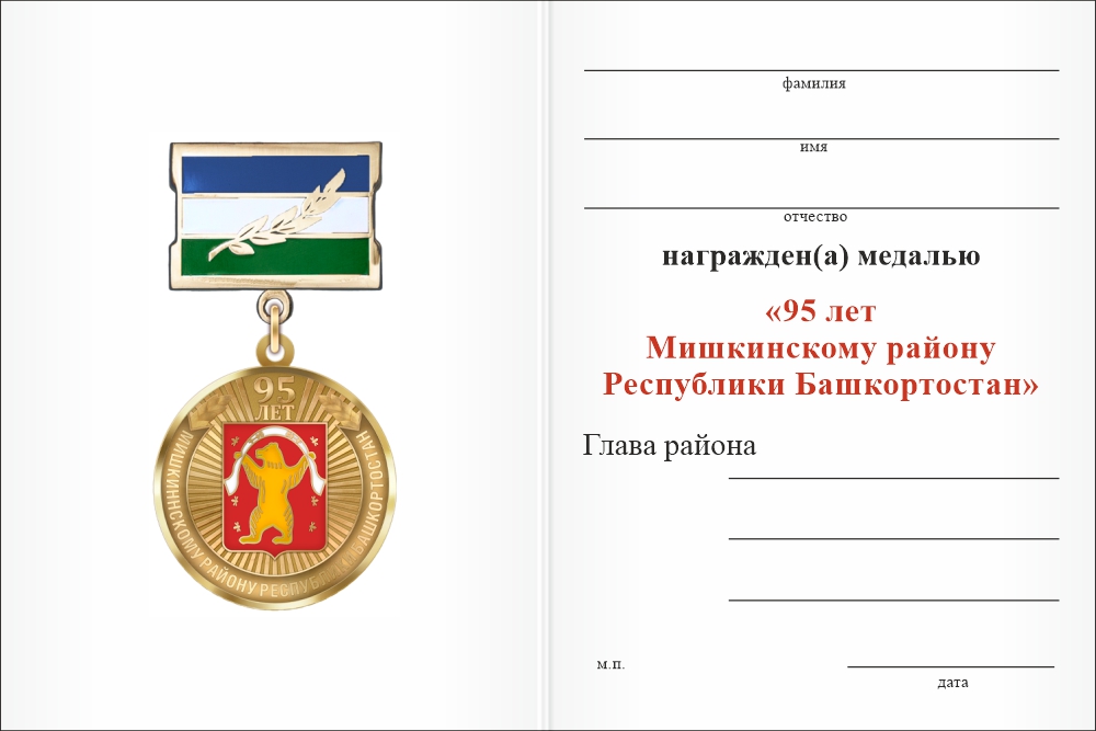 Бланк оборотная сторона Медаль «95 лет Мишкинскому району Республики Башкортостан. За вклад в развитие» с бланком удостоверения